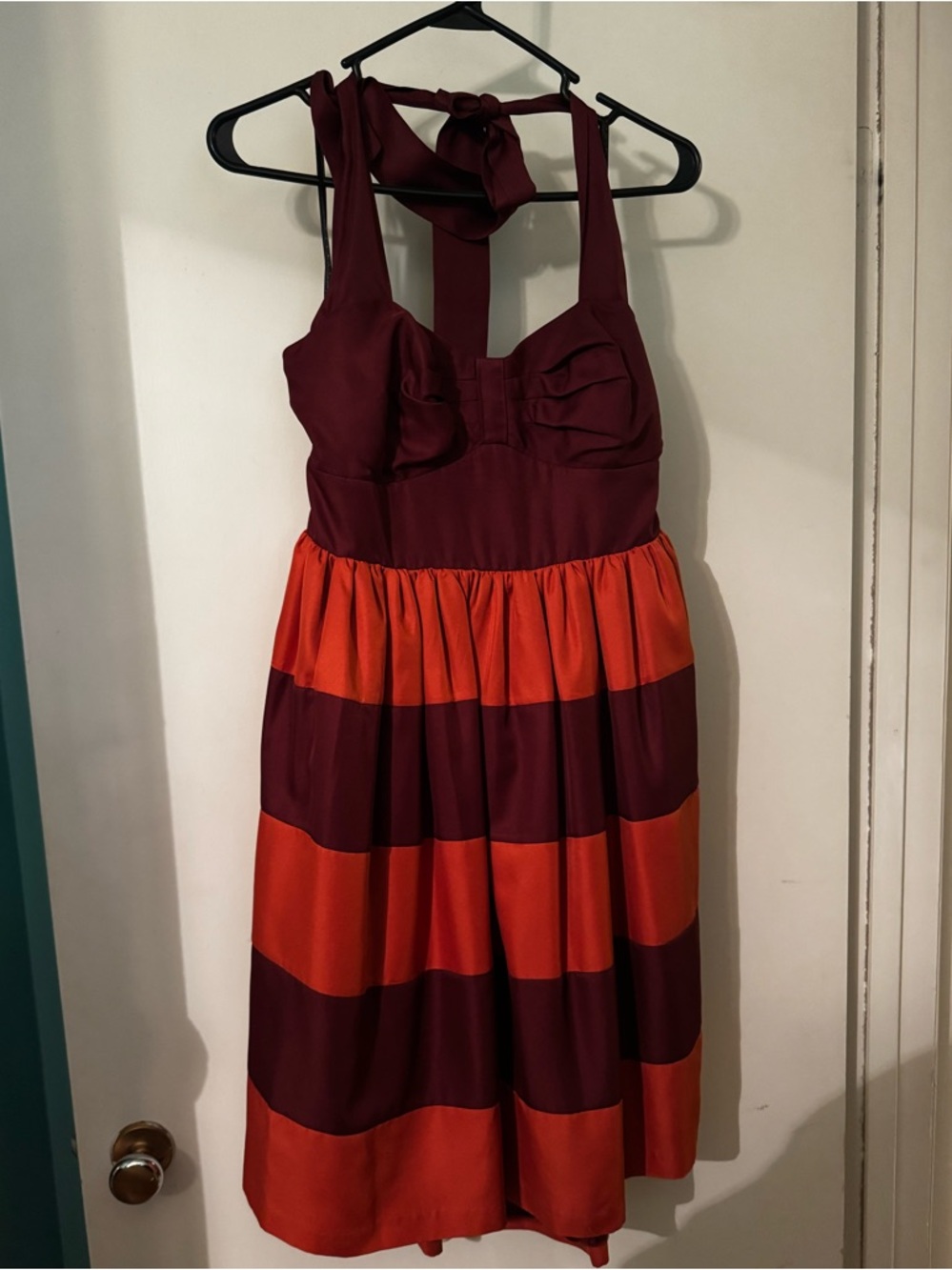 Womens' Orange and Burgundy Halter Stripe Party Dress